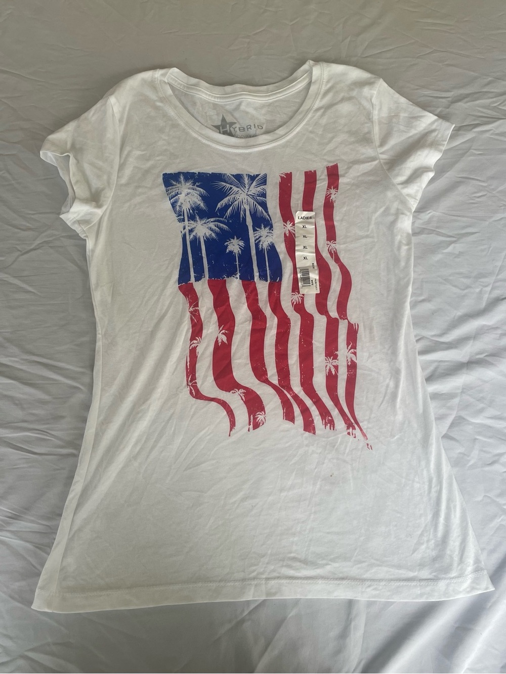 Hybrid Apparel White Tee with Red & Blue Flag Graphic